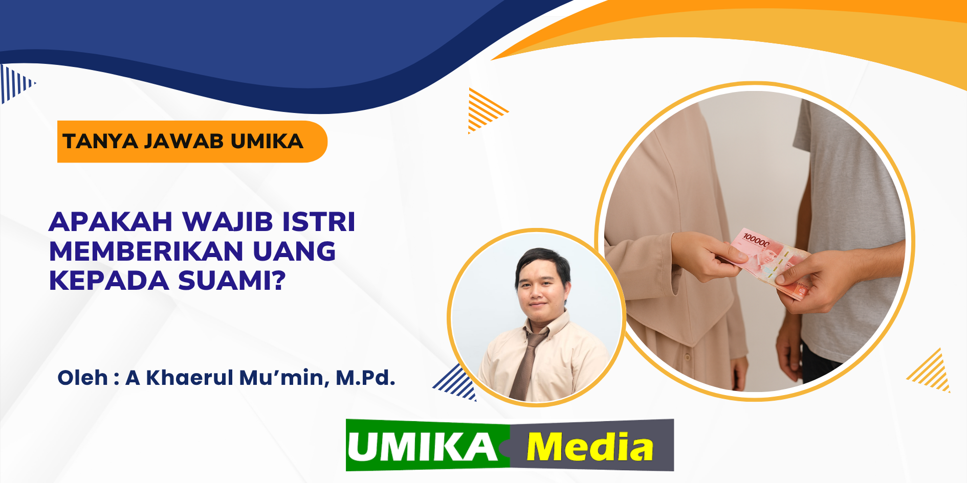 Seorang istri mengenakan gamis memberikan uang rupiah kepada suami yang berpakaian santai