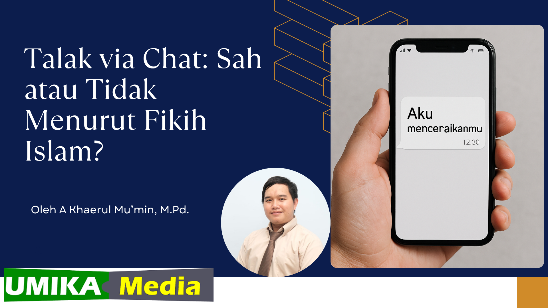 Tangan memegang ponsel yang menampilkan pesan teks dalam bahasa Indonesia bertuliskan "Aku menceraikanmu" pada layar.