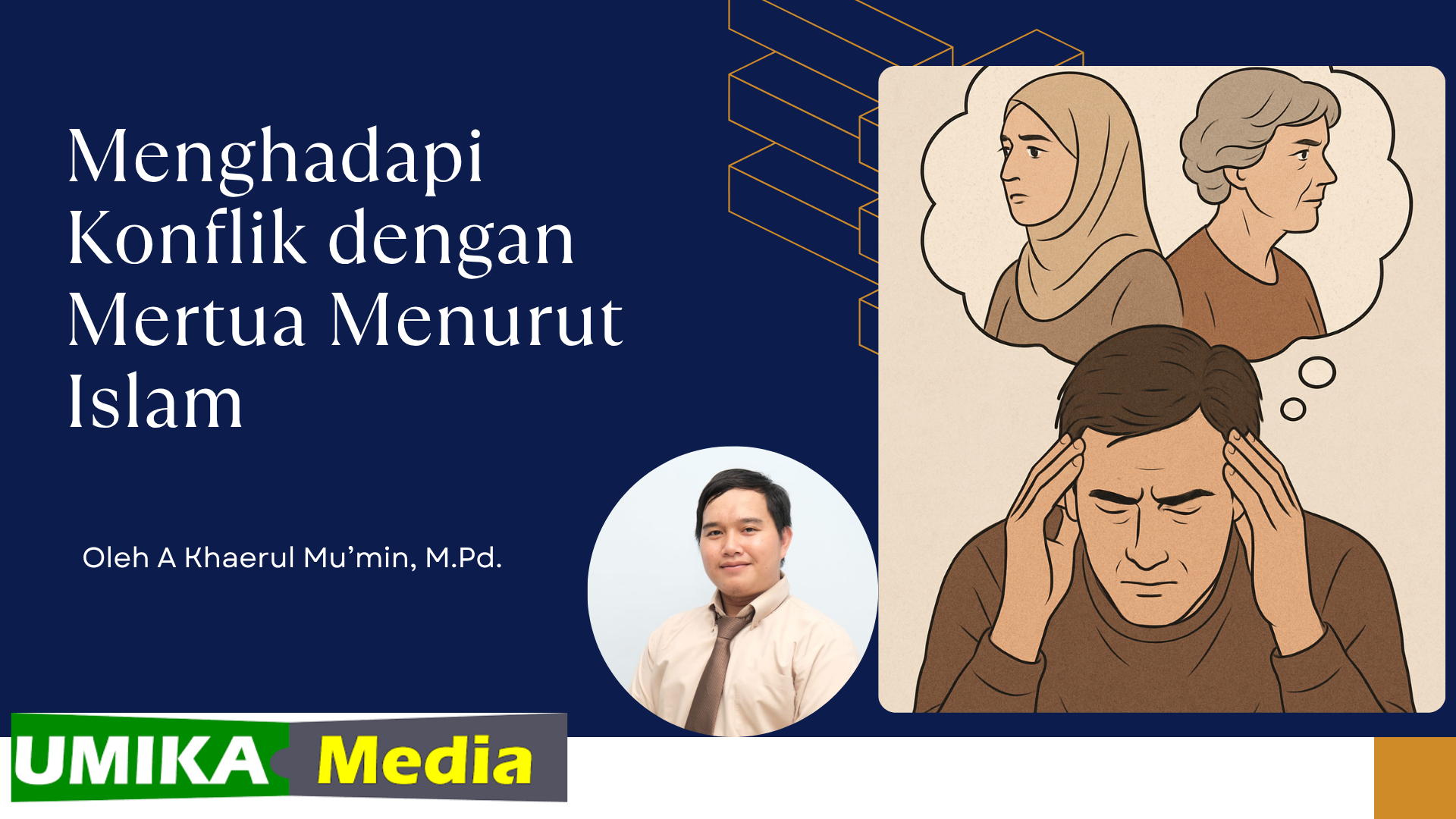 Seorang pria tampak menunduk sambil memegang kepala, dengan wajah stres, memikirkan konflik dan perselisihan antara istri dan orang tuanya
