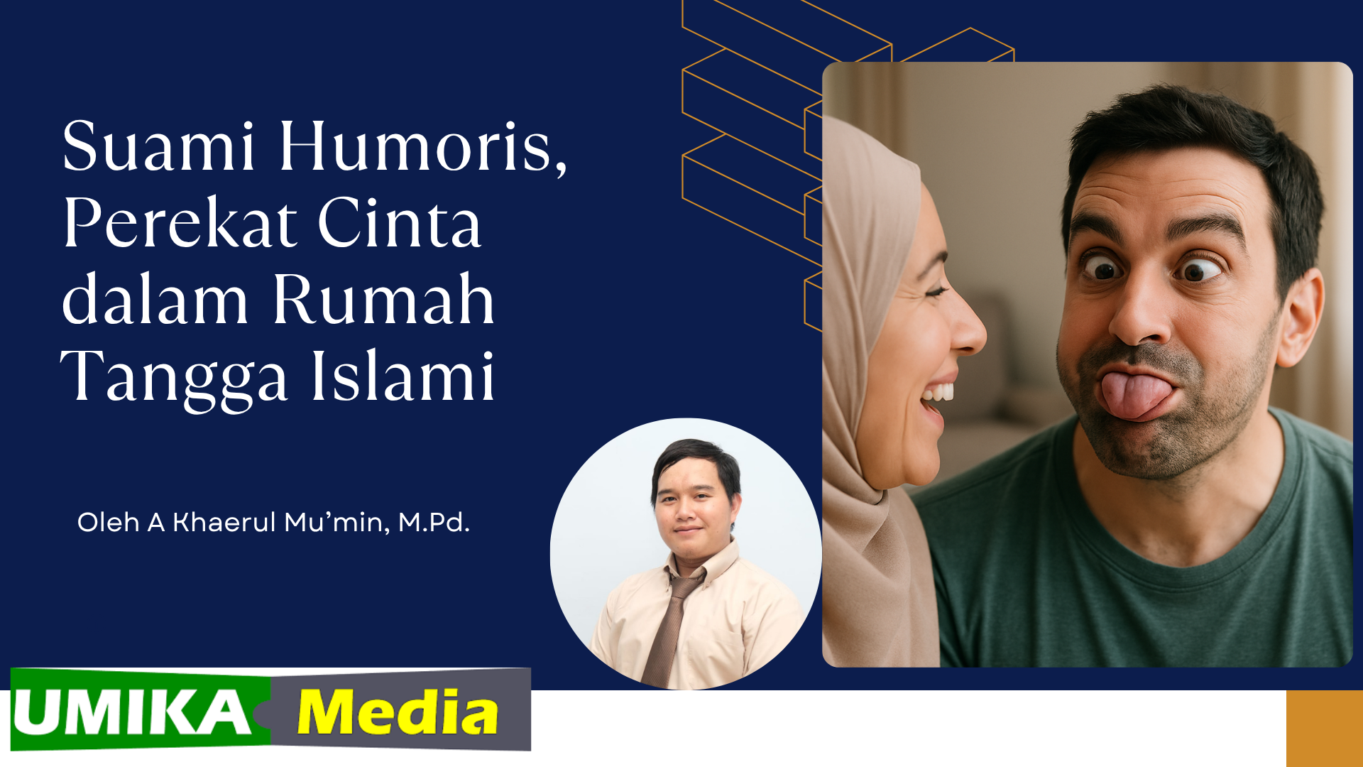 Seorang suami berwajah lucu menjulurkan lidah sambil membelalakkan mata, sementara istrinya yang mengenakan hijab tertawa melihat tingkah suaminya